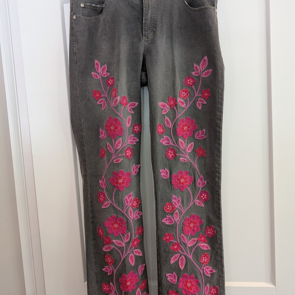 Lilly Pulitzer Gray and Pink Boot Cut Jeans with Floral Embroidery